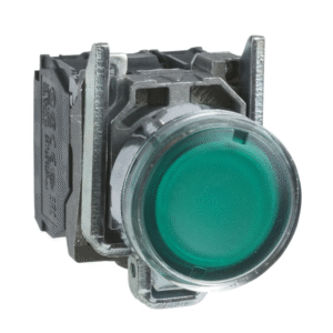 BOUTON POUSSOIR MÉTALLIQUE - VERT À LED DÉPASSANT - Ø22 - CONTACT O+F - 230VACDC