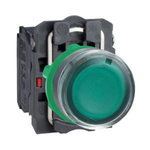 BOUTON POUSSOIR PLASTIQUE - VERT À LED DÉPASSANT - Ø22 - CONTACT O+F