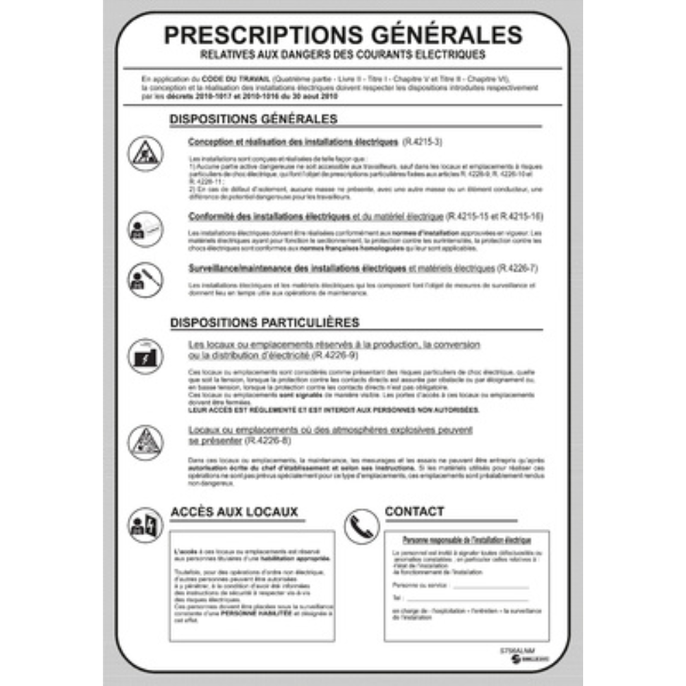 PANCARTE - PRESCRIPTIONS GÉNÉRALES ÉLECTRIQUES